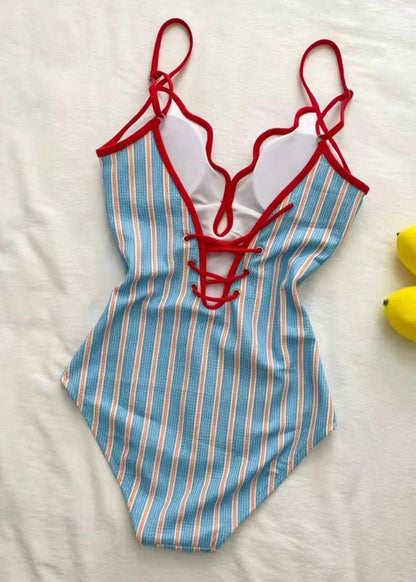 Hot Blue Striped Backless Grils Swimwear Bodysuits