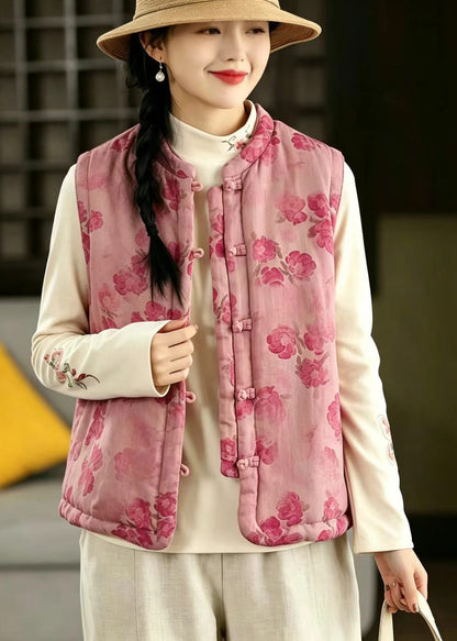 Hot Pink Print Cotton Filled Vest Stand Collar Frog Buttons Reversible Fall