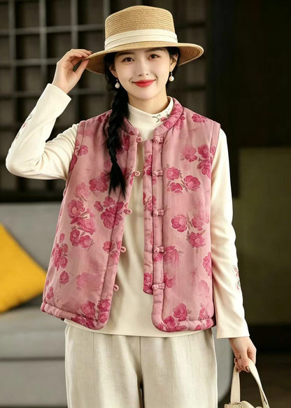 Hot Pink Print Cotton Filled Vest Stand Collar Frog Buttons Reversible Fall