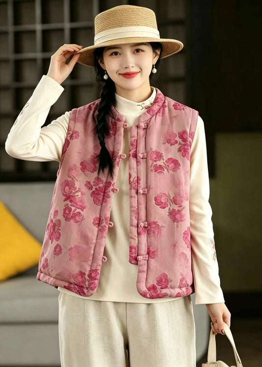 Hot Pink Print Cotton Filled Vest Stand Collar Frog Buttons Reversible Fall
