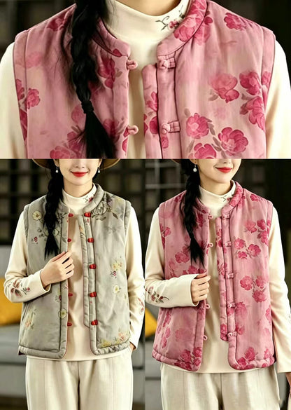 Hot Pink Print Cotton Filled Vest Stand Collar Frog Buttons Reversible Fall