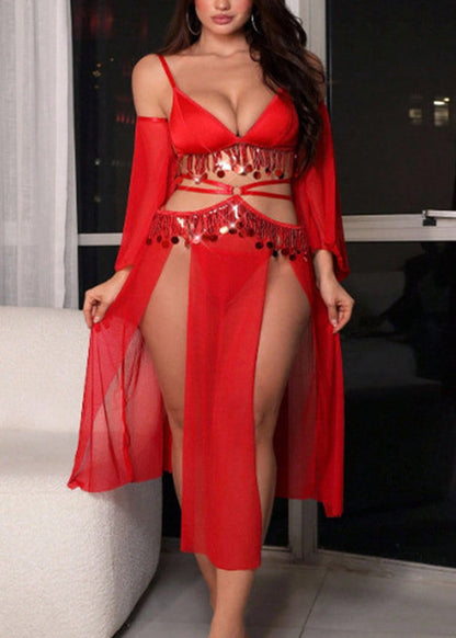 Hot Red Patchwork Sequins Tassel Tulle Slips Lingerie Sets