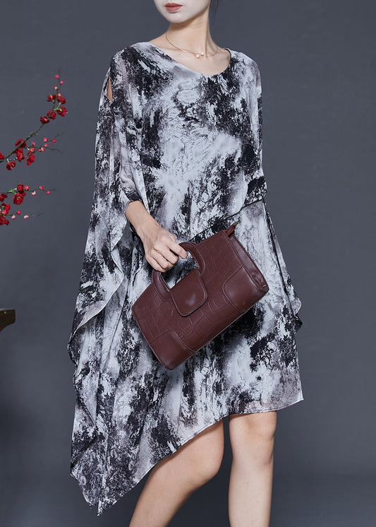Ink Wash Painting Chiffon Holiday Dress Asymmetrical Design Summer