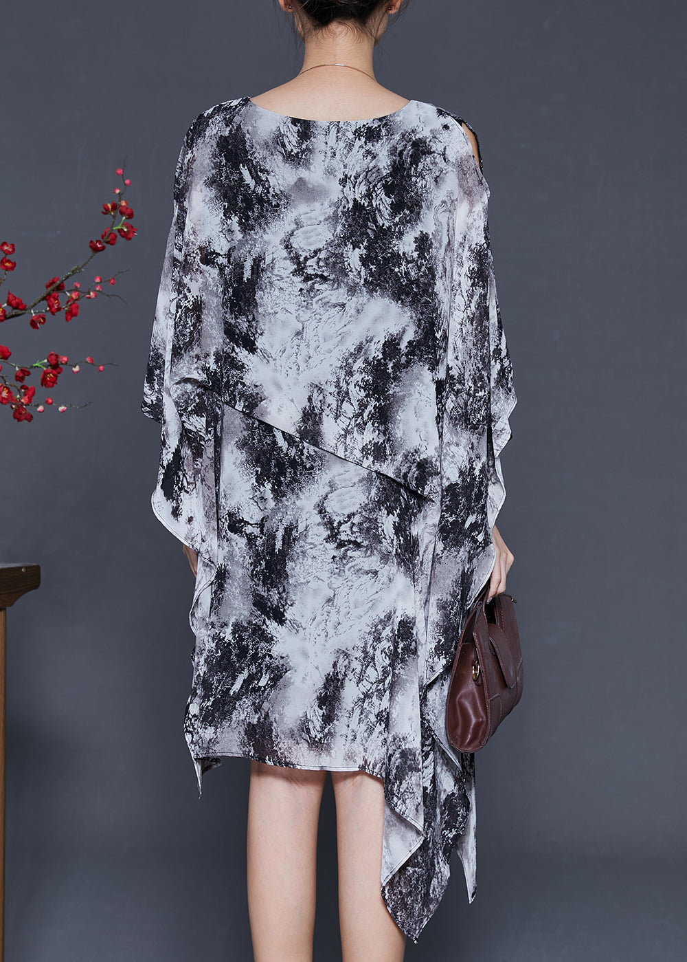 Ink Wash Painting Chiffon Holiday Dress Asymmetrical Design Summer