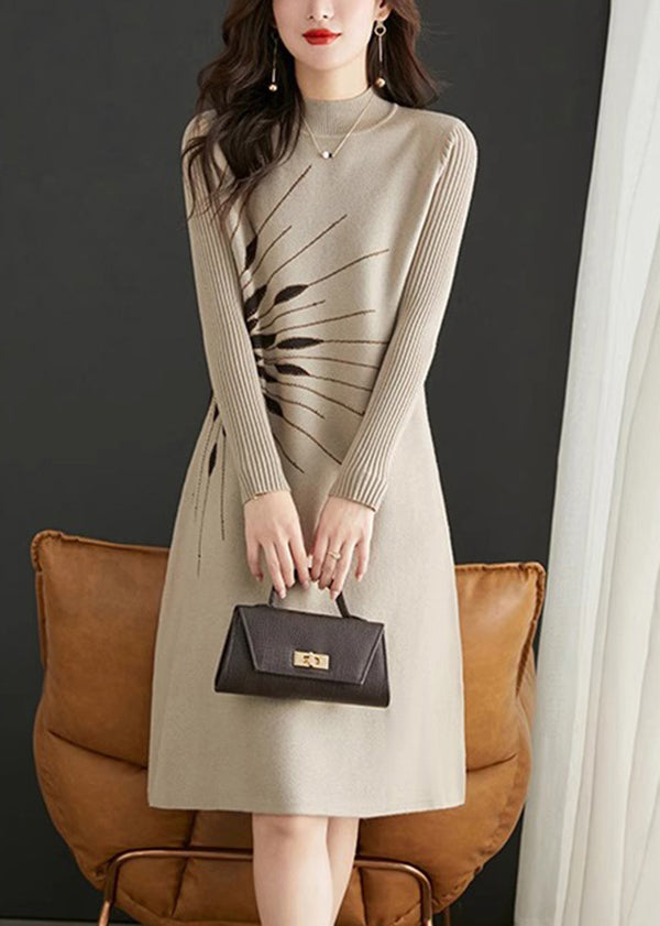 Italian Apricot O Neck Jacquard Zircon Patchwork Knit Dress Fall