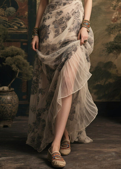 Italian Apricot Print Chiffon Tea Dress Summer