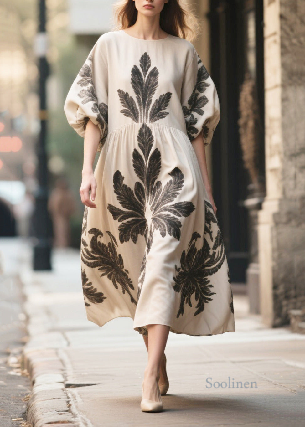 Italian Apricot Puff Sleeve Print Chiffon Long Dress