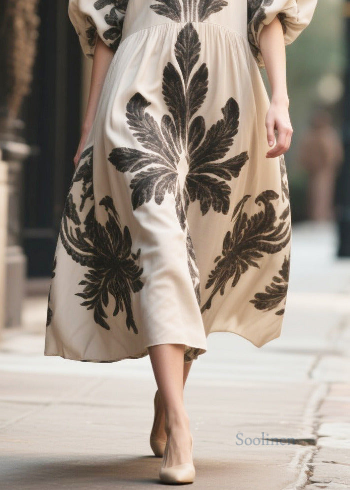 Italian Apricot Puff Sleeve Print Chiffon Long Dress