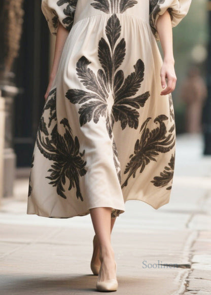 Italian Apricot Puff Sleeve Print Chiffon Long Dress