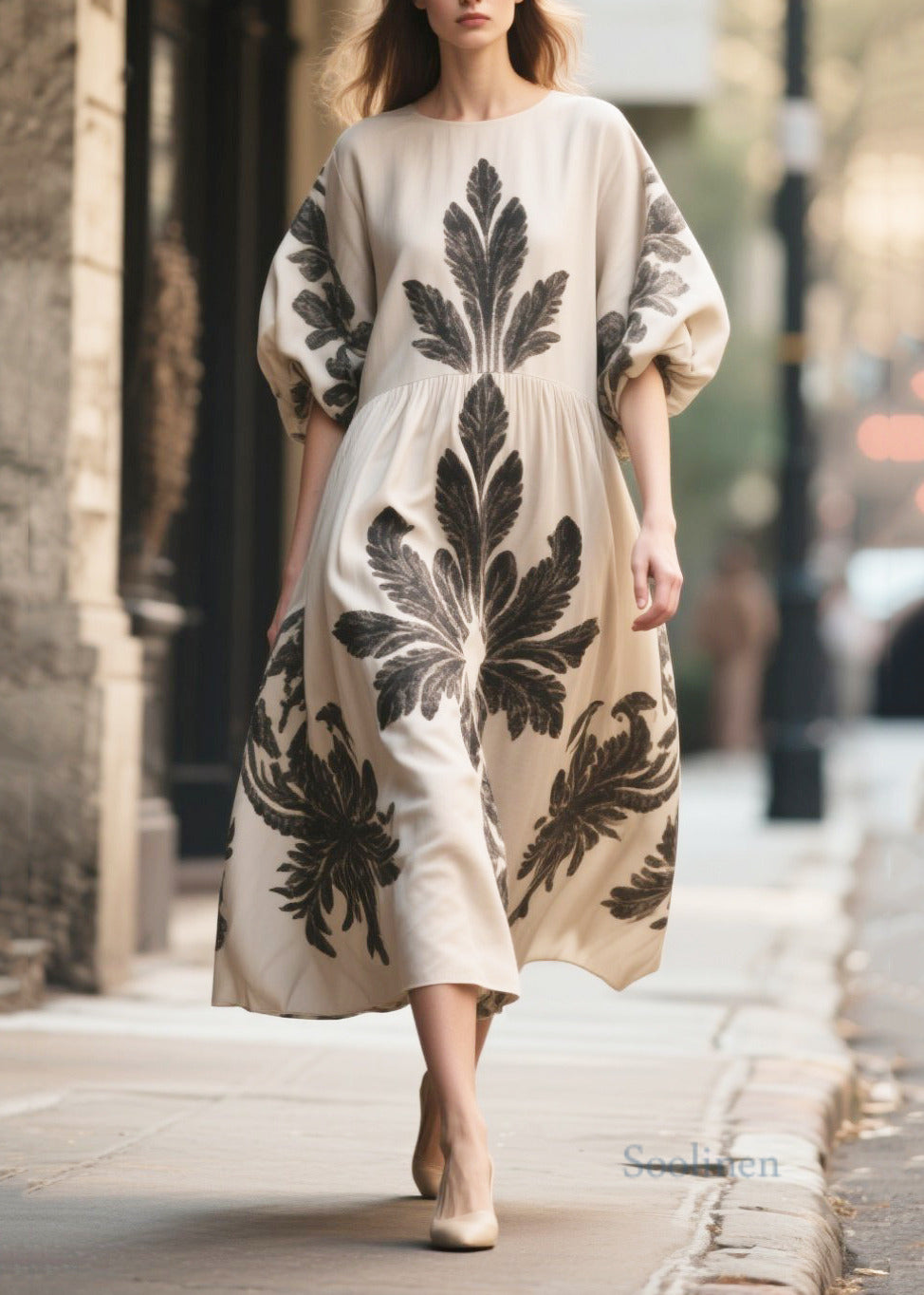 Italian Apricot Puff Sleeve Print Chiffon Long Dress