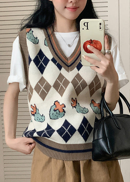 Italian Apricot V Neck Jacquard Knit Vest Tops Sleeveless