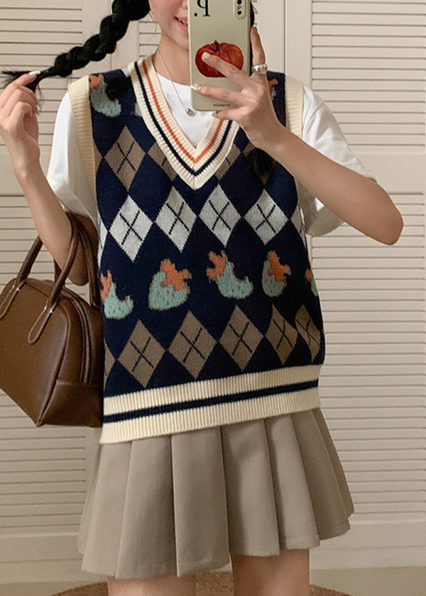 Italian Apricot V Neck Jacquard Knit Vest Tops Sleeveless