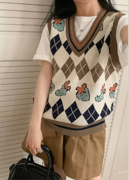 Italian Apricot V Neck Jacquard Knit Vest Tops Sleeveless