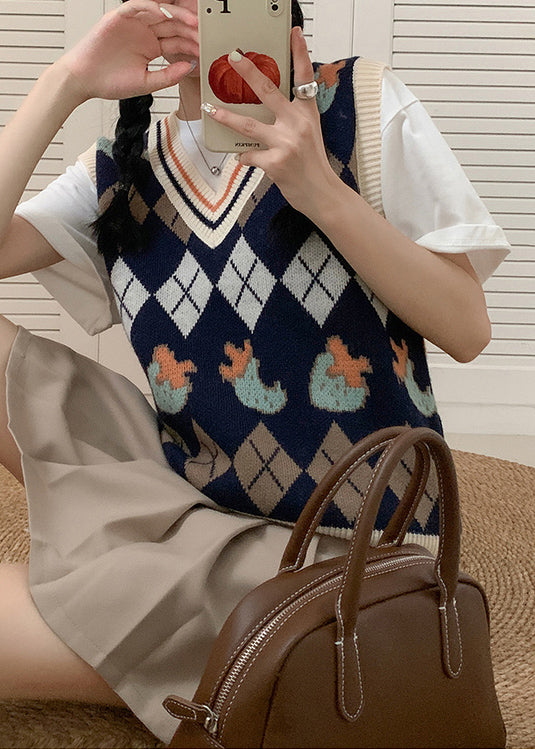 Italian Apricot V Neck Jacquard Knit Vest Tops Sleeveless