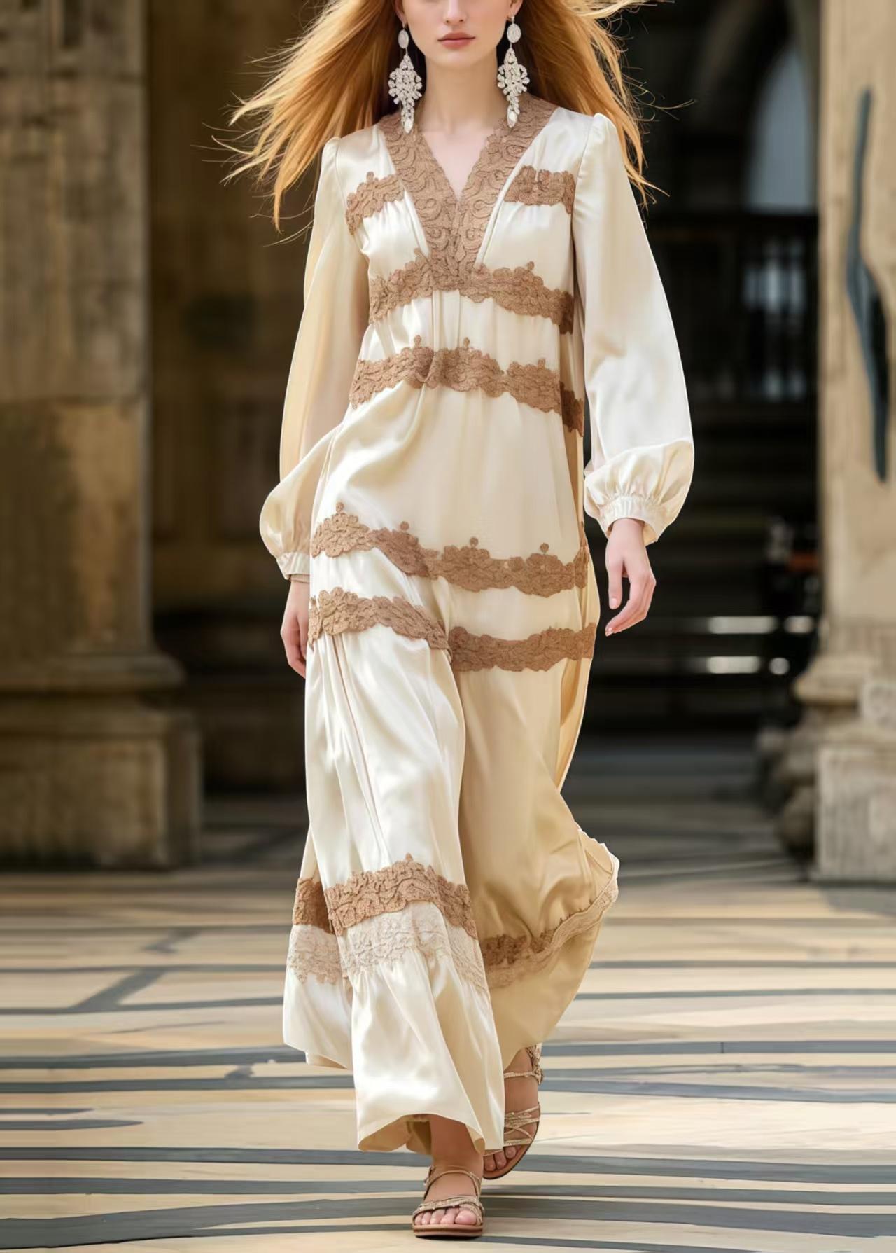 Italian Apricot V Neck Patchwork Lace Silk Ankle Dress Spring