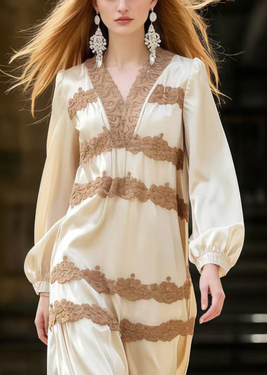Italian Apricot V Neck Patchwork Lace Silk Ankle Dress Spring
