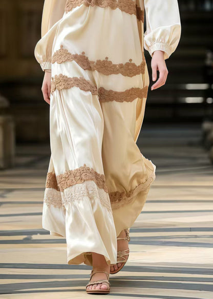 Italian Apricot V Neck Patchwork Lace Silk Ankle Dress Spring