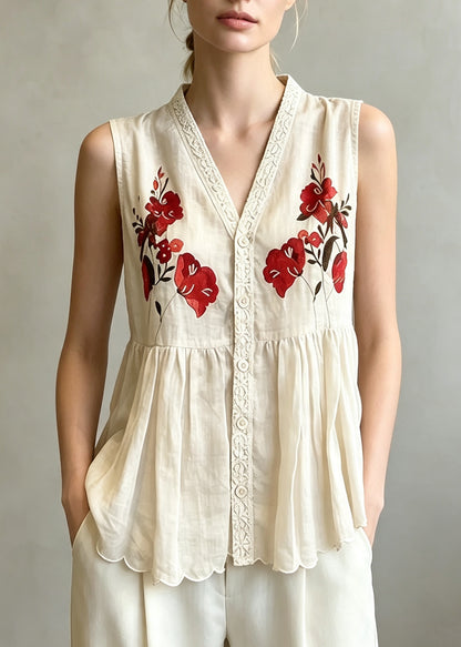Italian Apricot V Neck Print Cotton Vests Sleeveless