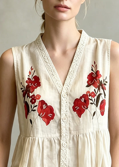 Italian Apricot V Neck Print Cotton Vests Sleeveless