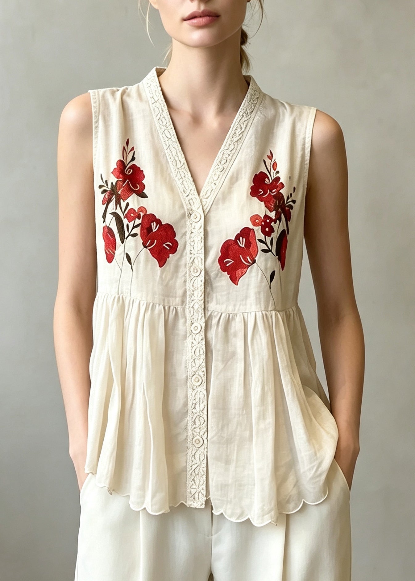 Italian Apricot V Neck Print Cotton Vests Sleeveless