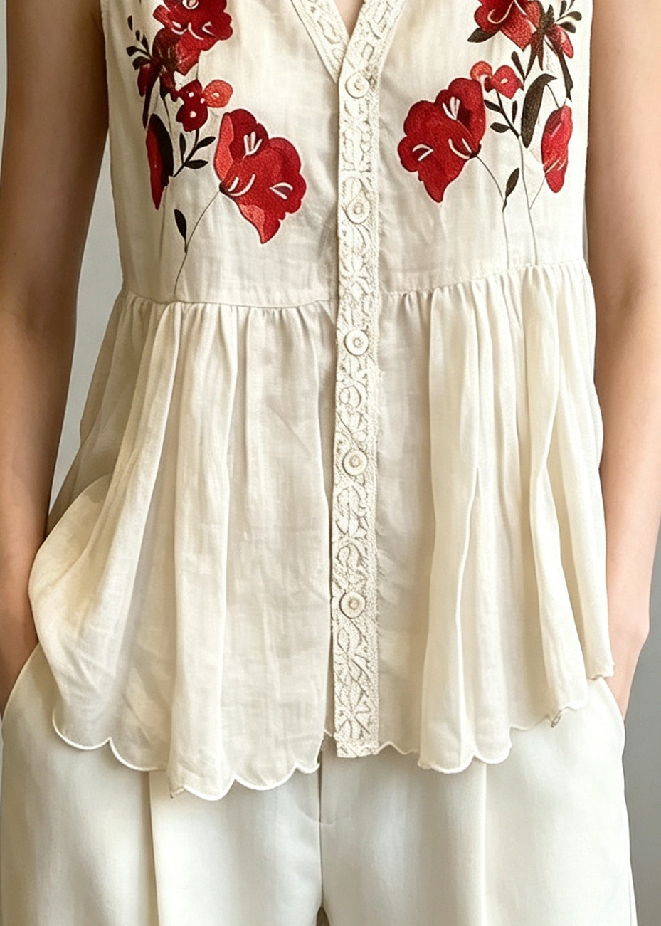 Italian Apricot V Neck Print Cotton Vests Sleeveless