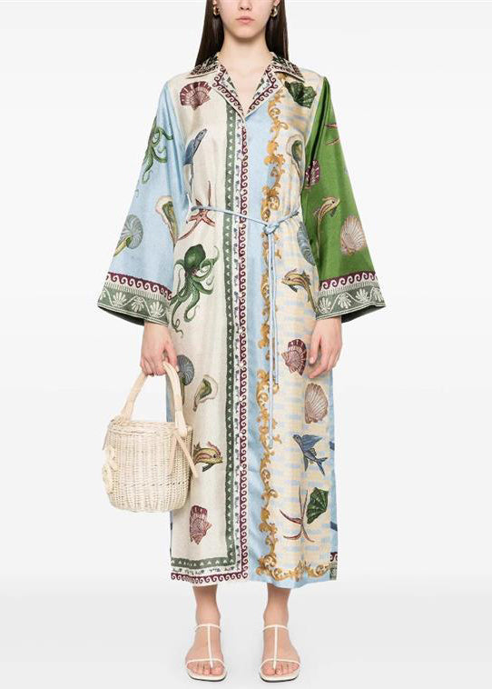 Italian Asymmetrical Print Tie Waist Cotton Blouses Dress Spring