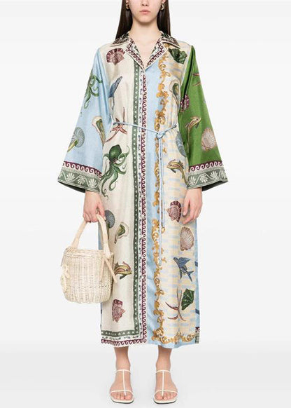 Italian Asymmetrical Print Tie Waist Cotton Blouses Dress Spring