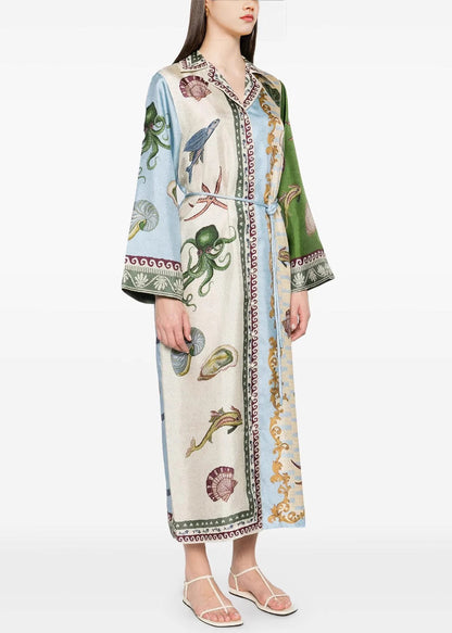 Italian Asymmetrical Print Tie Waist Cotton Blouses Dress Spring