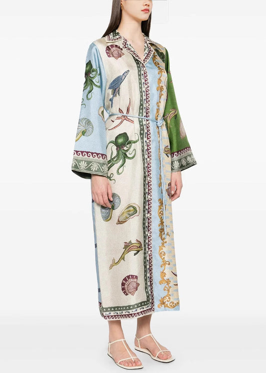 Italian Asymmetrical Print Tie Waist Cotton Blouses Dress Spring