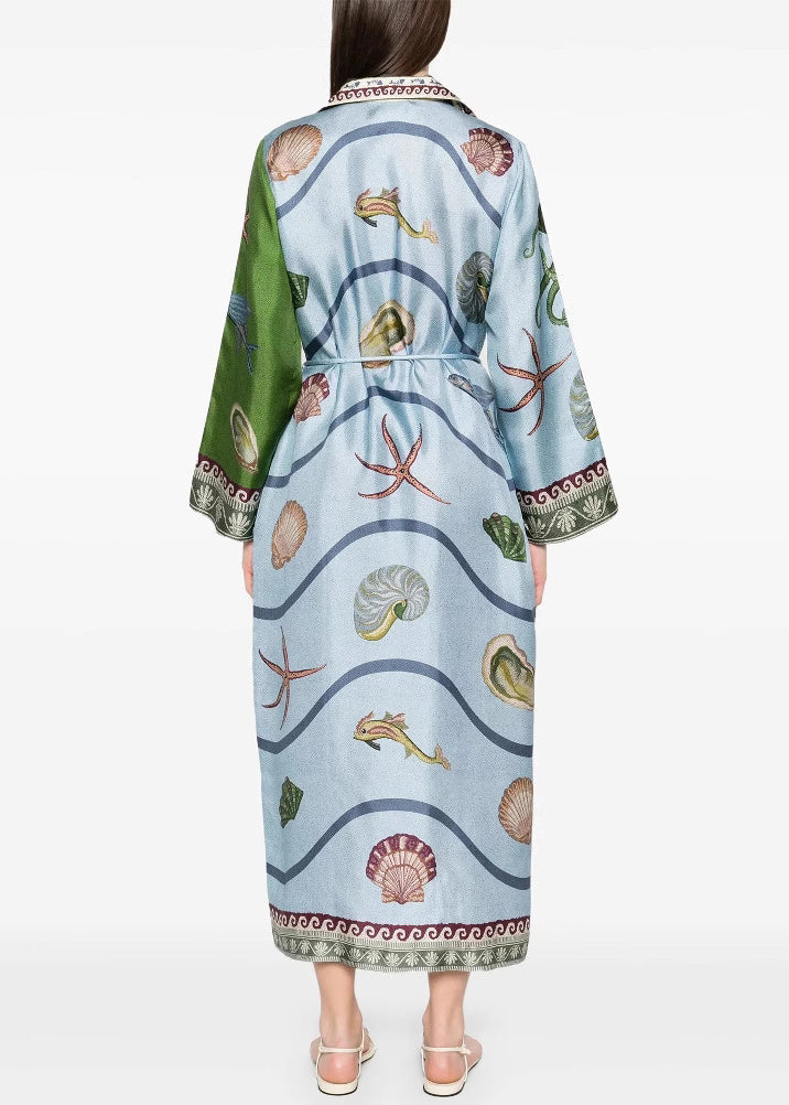 Italian Asymmetrical Print Tie Waist Cotton Blouses Dress Spring