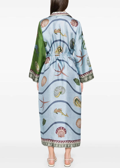 Italian Asymmetrical Print Tie Waist Cotton Blouses Dress Spring