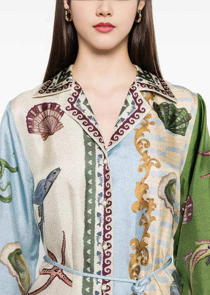 Italian Asymmetrical Print Tie Waist Cotton Blouses Dress Spring