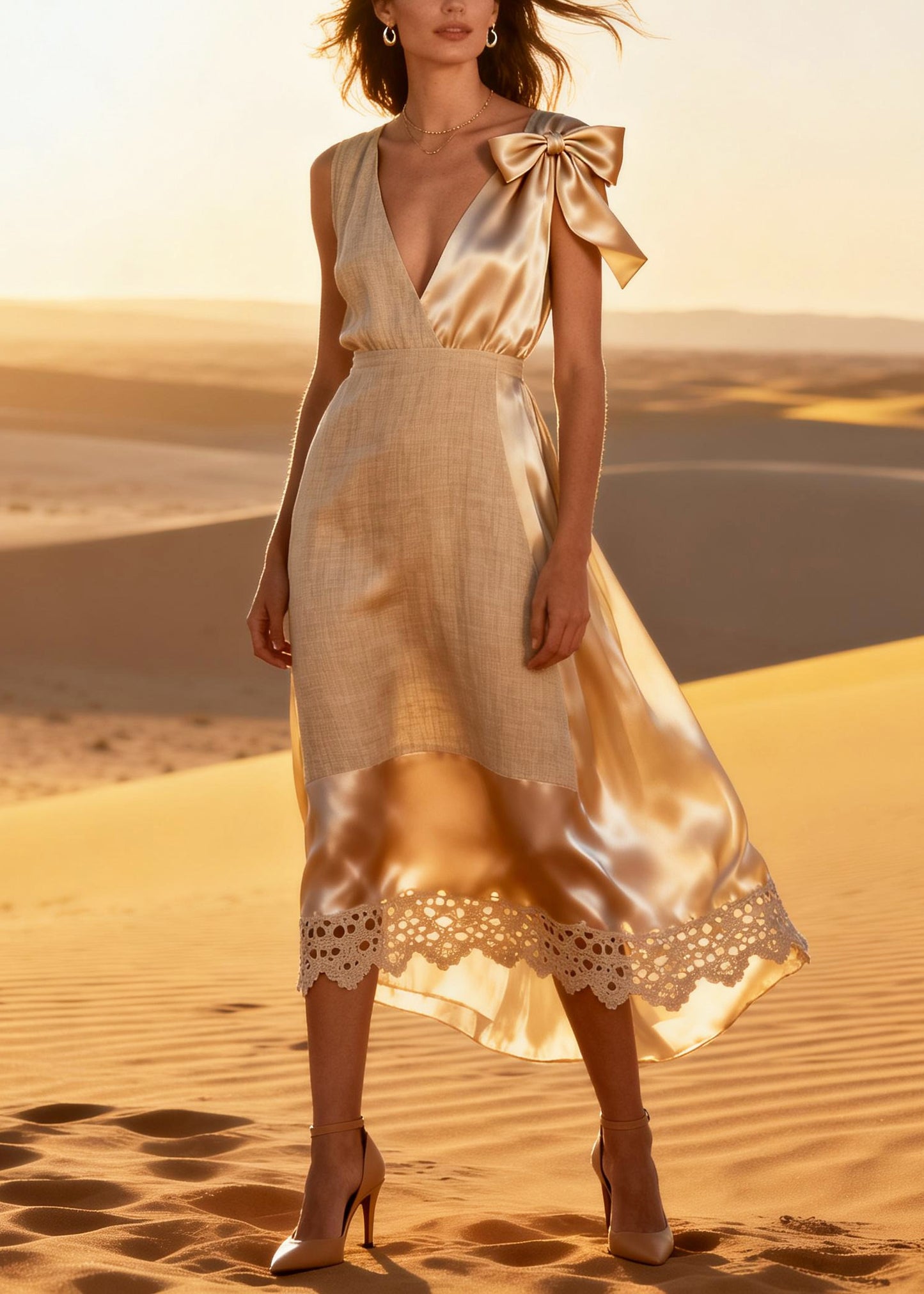 Italian Beige Asymmetrical Patchwork Linen Silk Long Dresses Summer