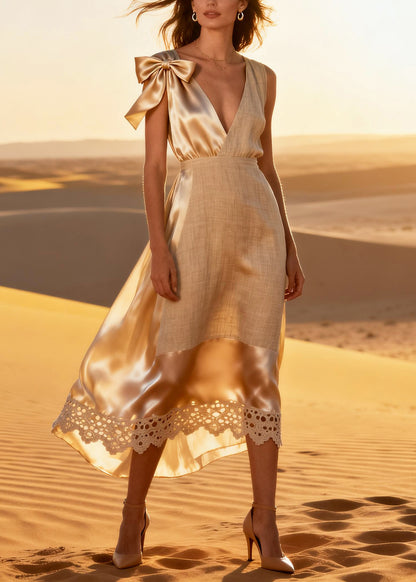 Italian Beige Asymmetrical Patchwork Linen Silk Long Dresses Summer