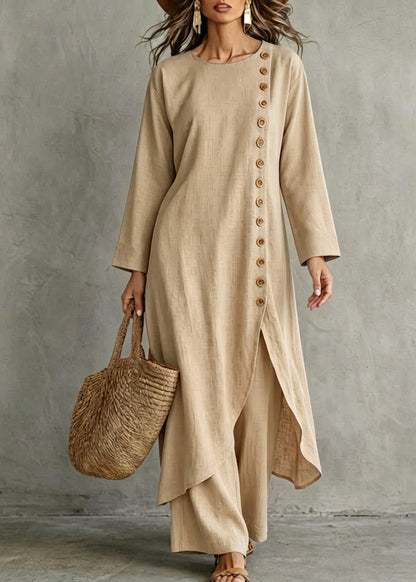 Italian Beige Asymmetrical Single Breasted Cotton Two Pieces Set Fall