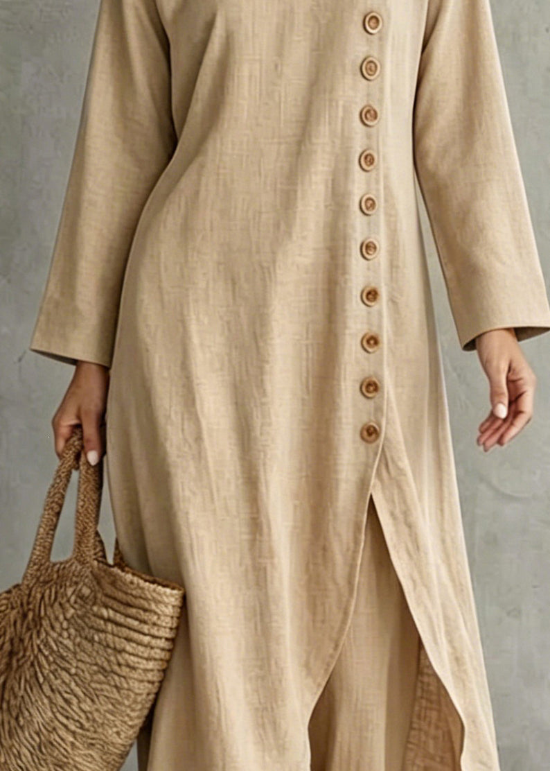 Italian Beige Asymmetrical Single Breasted Cotton Two Pieces Set Fall
