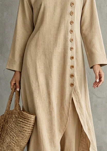 Italian Beige Asymmetrical Single Breasted Cotton Two Pieces Set Fall
