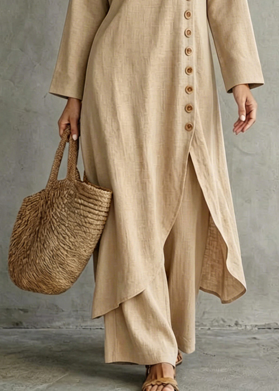 Italian Beige Asymmetrical Single Breasted Cotton Two Pieces Set Fall