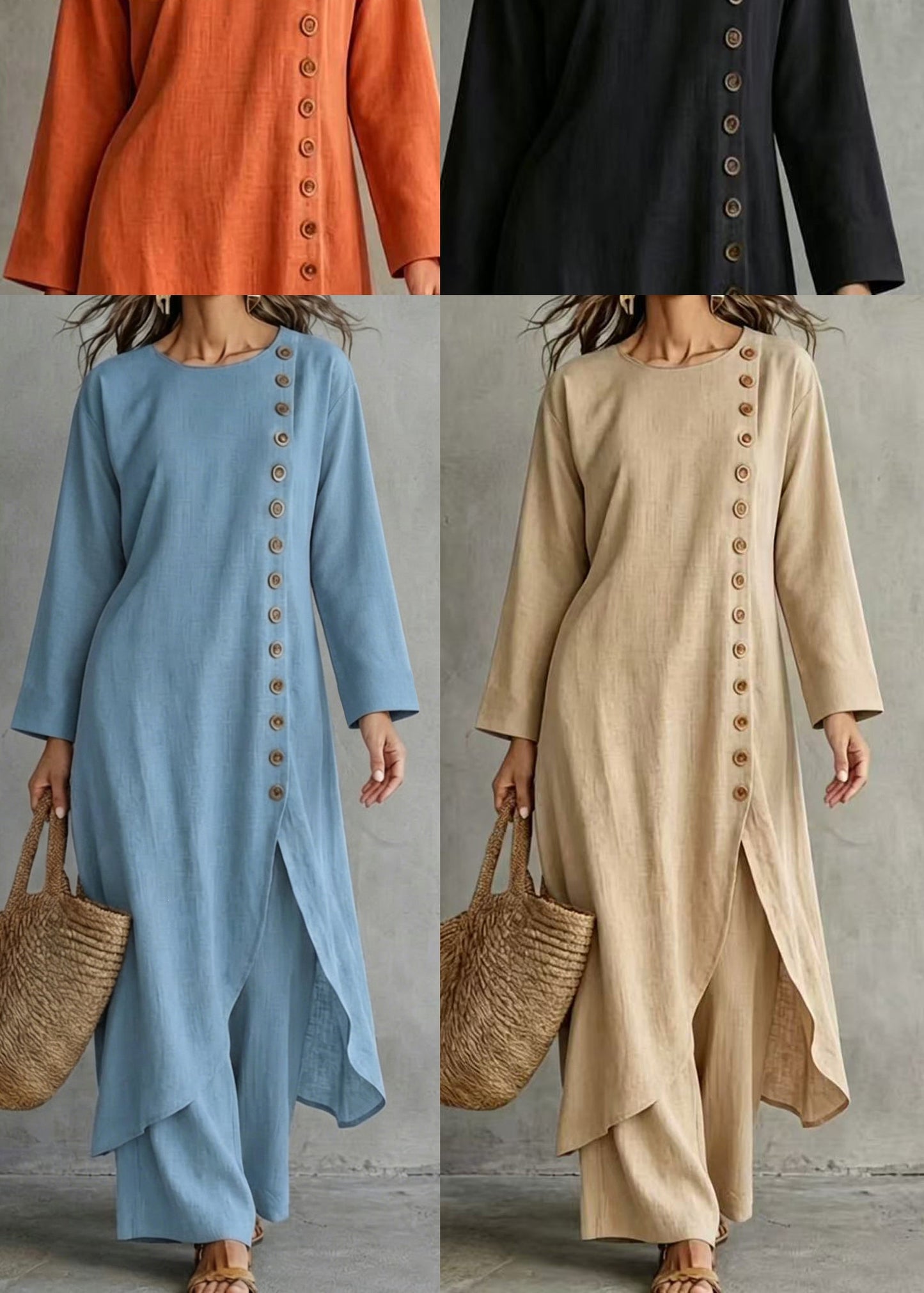 Italian Beige Asymmetrical Single Breasted Cotton Two Pieces Set Fall