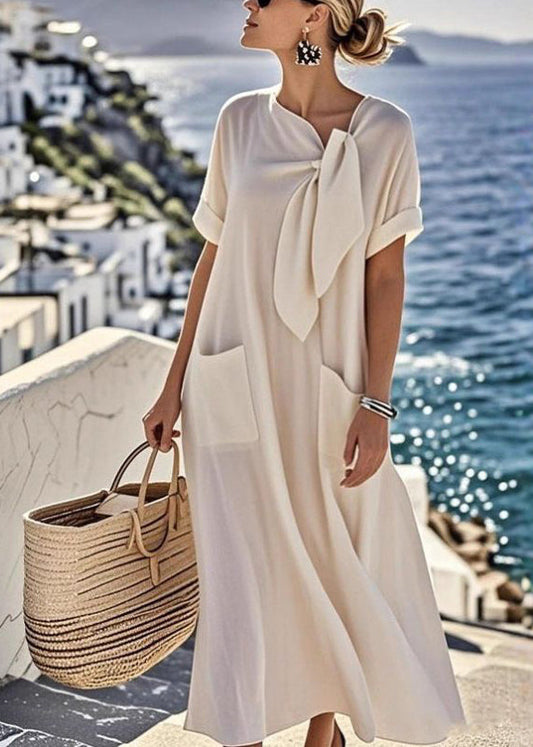 Italian Beige Bow Pockets Solid Long Dresses Summer