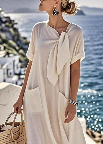 Italian Beige Bow Pockets Solid Long Dresses Summer