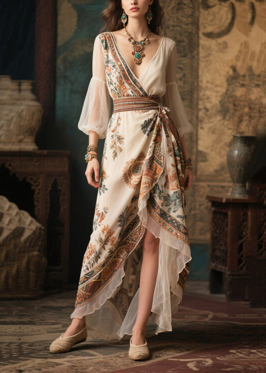Italian Beige Cinched Patchwork Chiffon Ankle Dress Lantern Sleeve