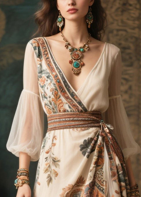 Italian Beige Cinched Patchwork Chiffon Ankle Dress Lantern Sleeve