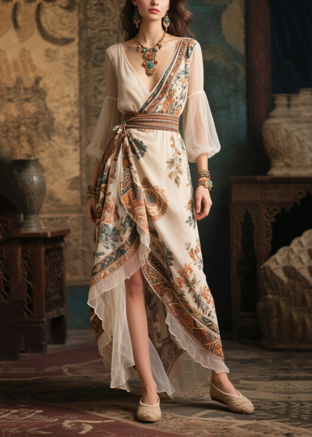 Italian Beige Cinched Patchwork Chiffon Ankle Dress Lantern Sleeve