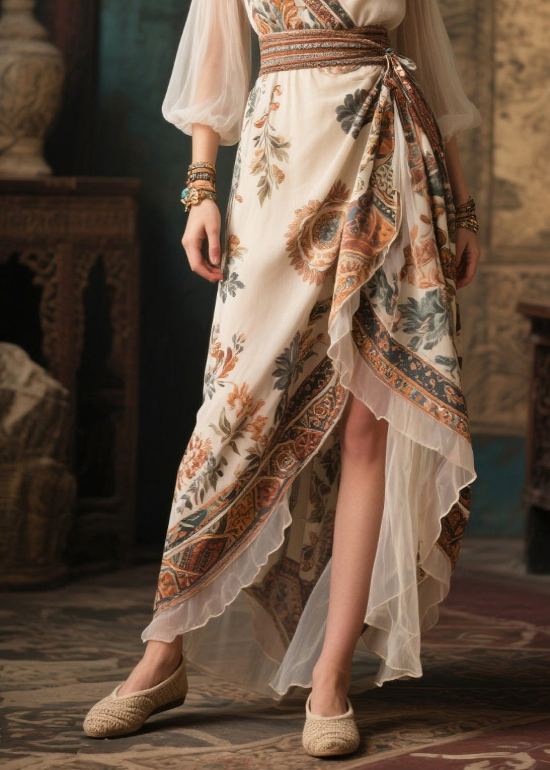 Italian Beige Cinched Patchwork Chiffon Ankle Dress Lantern Sleeve