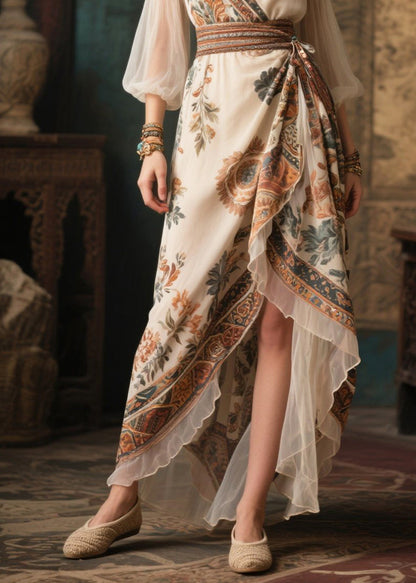 Italian Beige Cinched Patchwork Chiffon Ankle Dress Lantern Sleeve