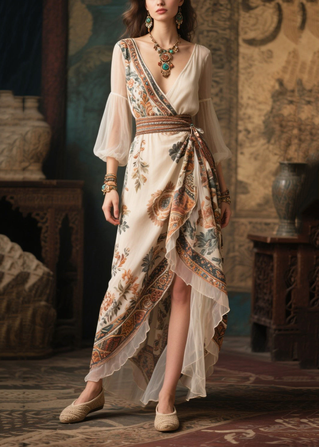 Italian Beige Cinched Patchwork Chiffon Ankle Dress Lantern Sleeve