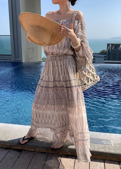 Italian Beige Cold Shoulder Print Cotton Holiday Dress Summer