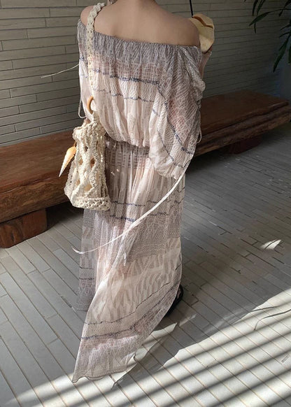 Italian Beige Cold Shoulder Print Cotton Holiday Dress Summer