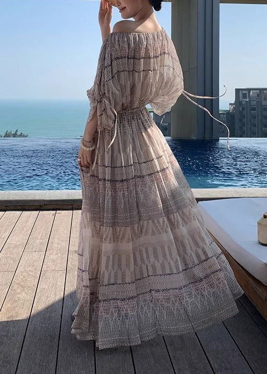 Italian Beige Cold Shoulder Print Cotton Holiday Dress Summer